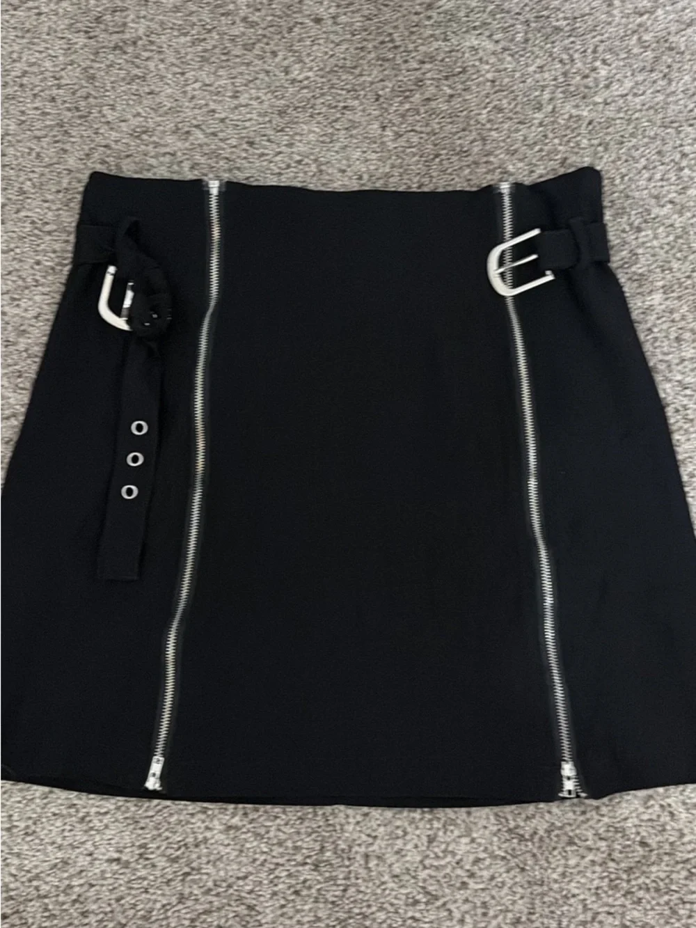 Black Mini Skirt with Silver Zippers and Buckle Detail